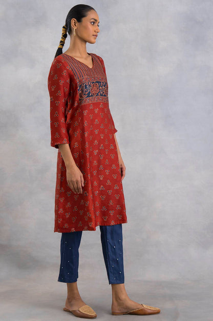 Red Ajrakh Print kurta In Fluid Satin