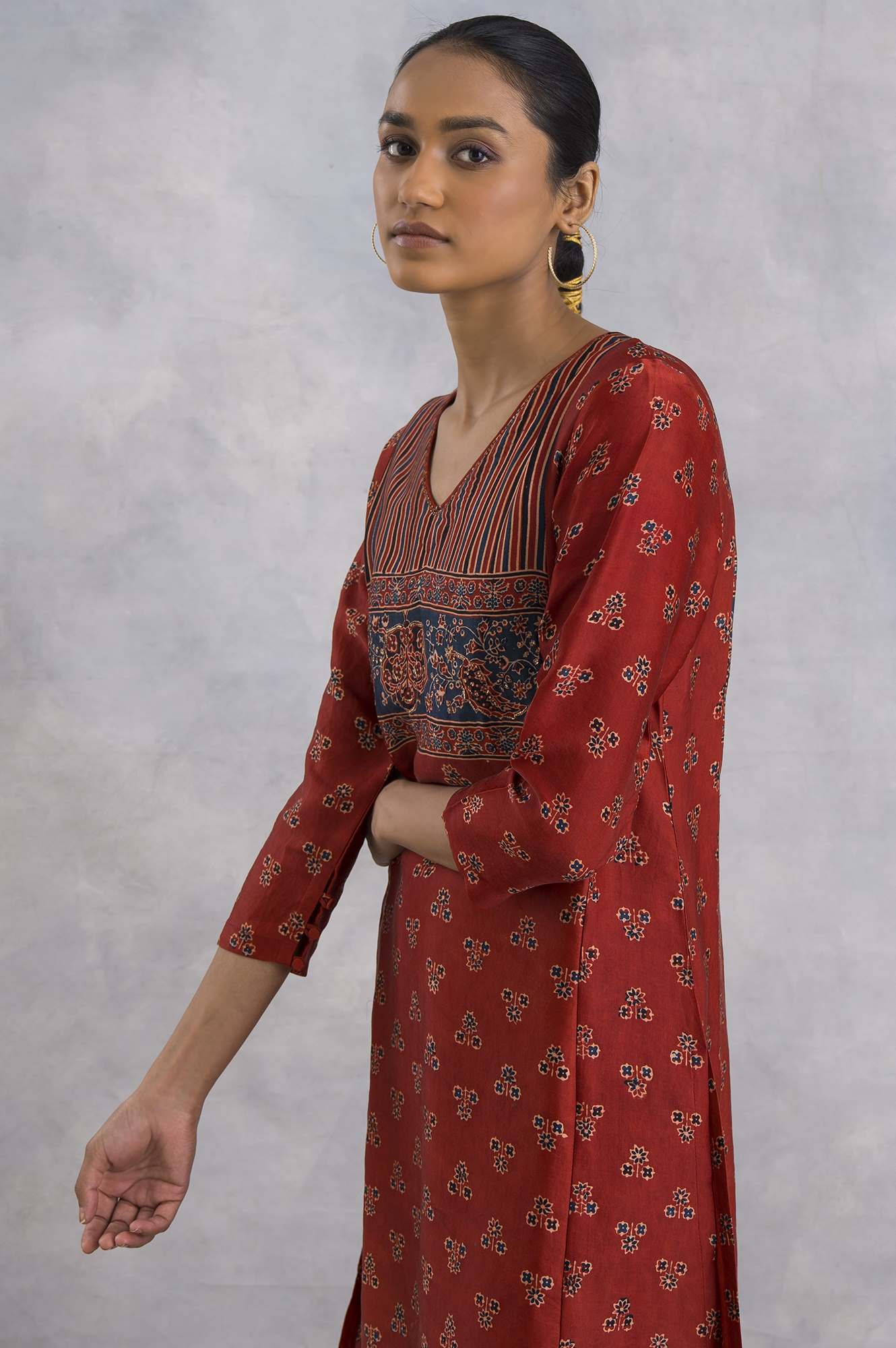 Red Ajrakh Print kurta In Fluid Satin