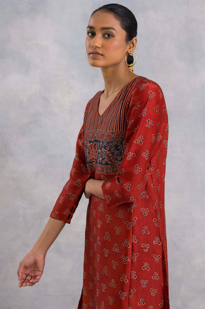 Red Ajrakh Print kurta In Fluid Satin