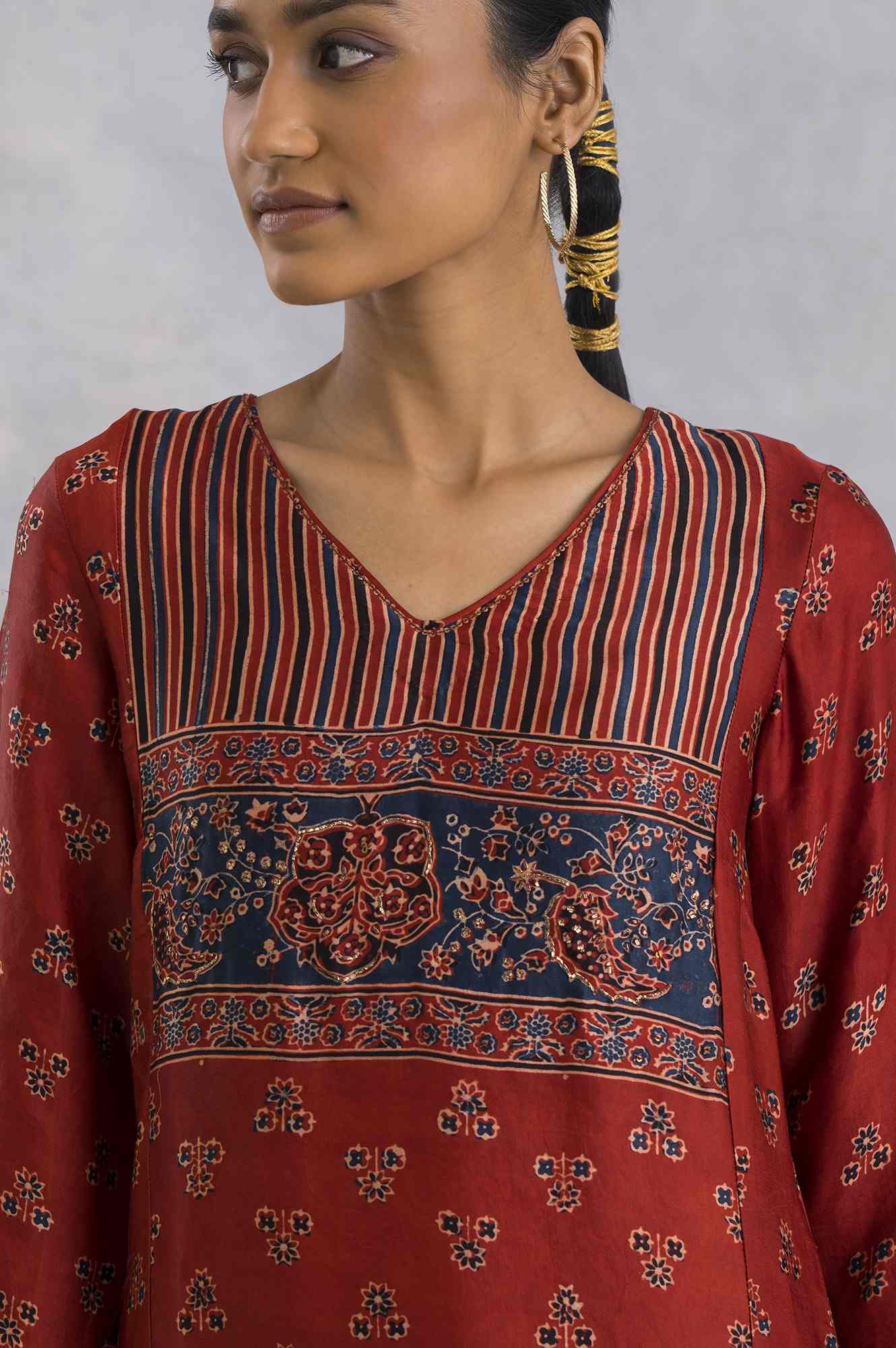 Red Ajrakh Print kurta In Fluid Satin