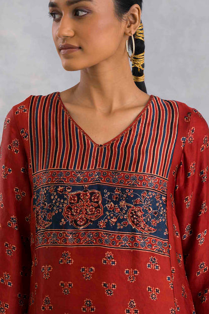 Red Ajrakh Print kurta In Fluid Satin