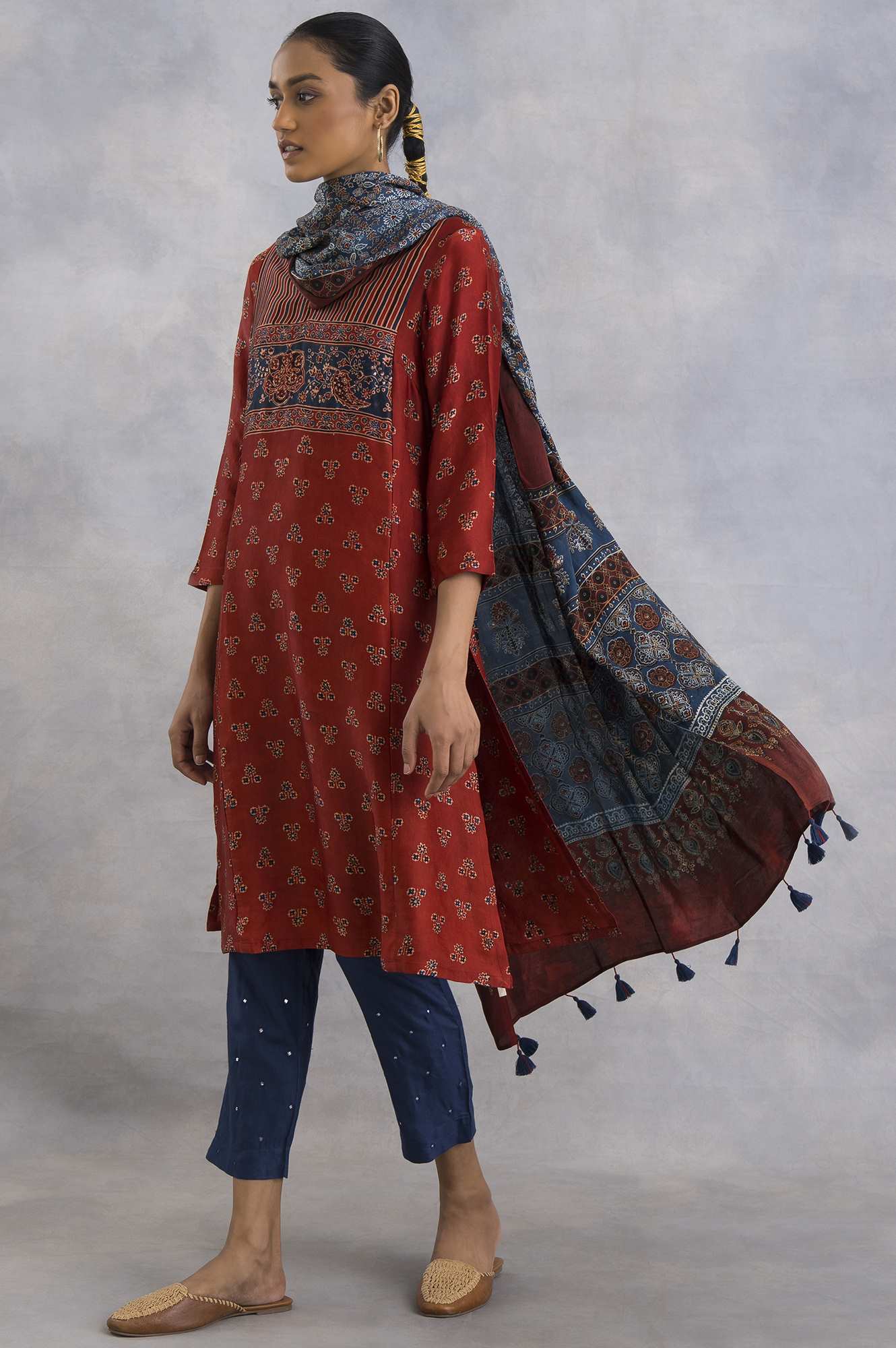 Red Ajrakh Print kurta In Fluid Satin