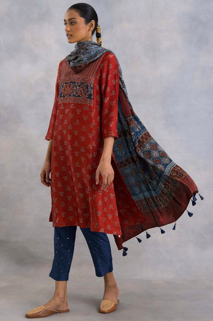 Red Ajrakh Print kurta In Fluid Satin