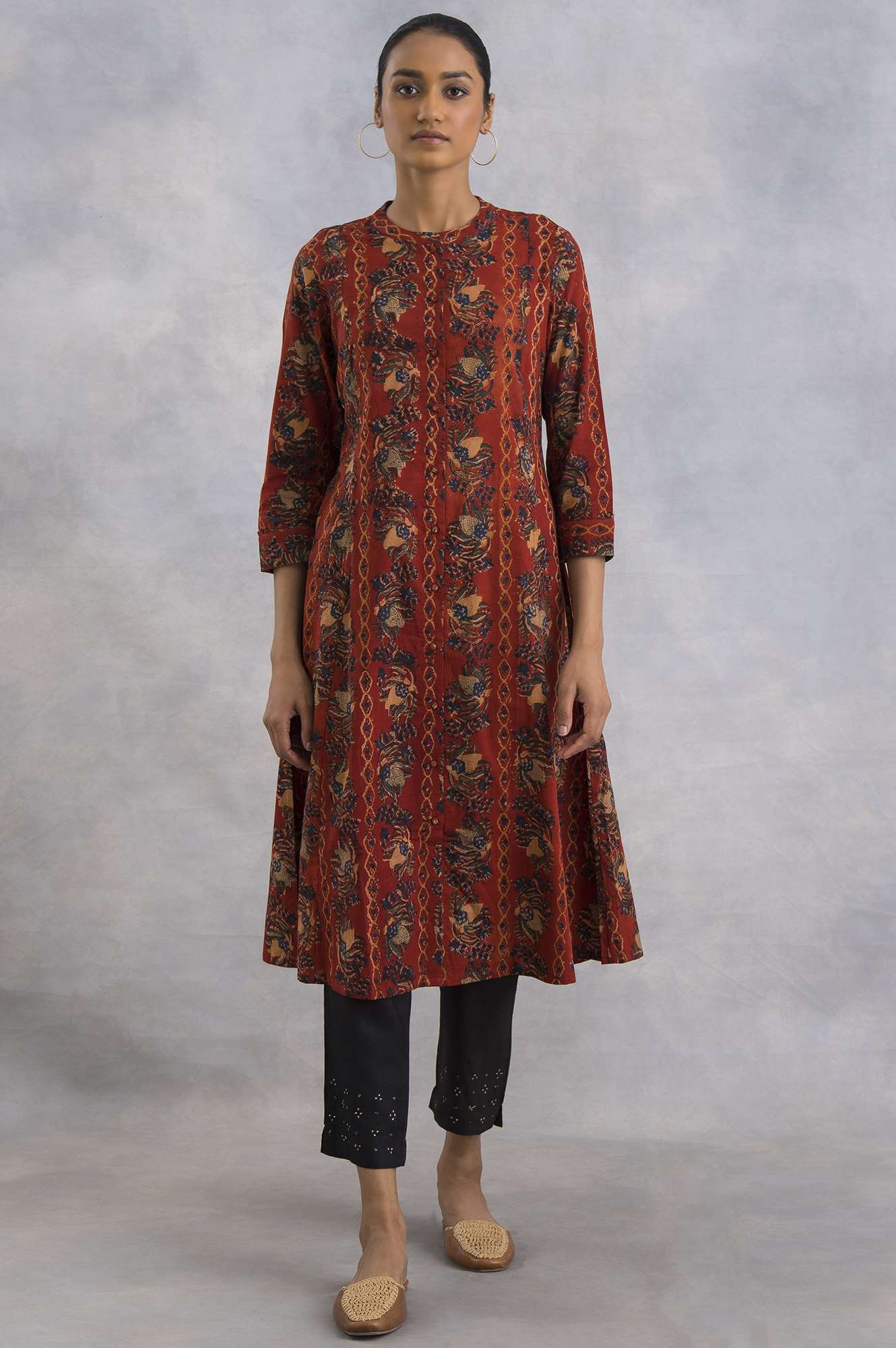 Red Hand Block Printed Cotton Shirtdress