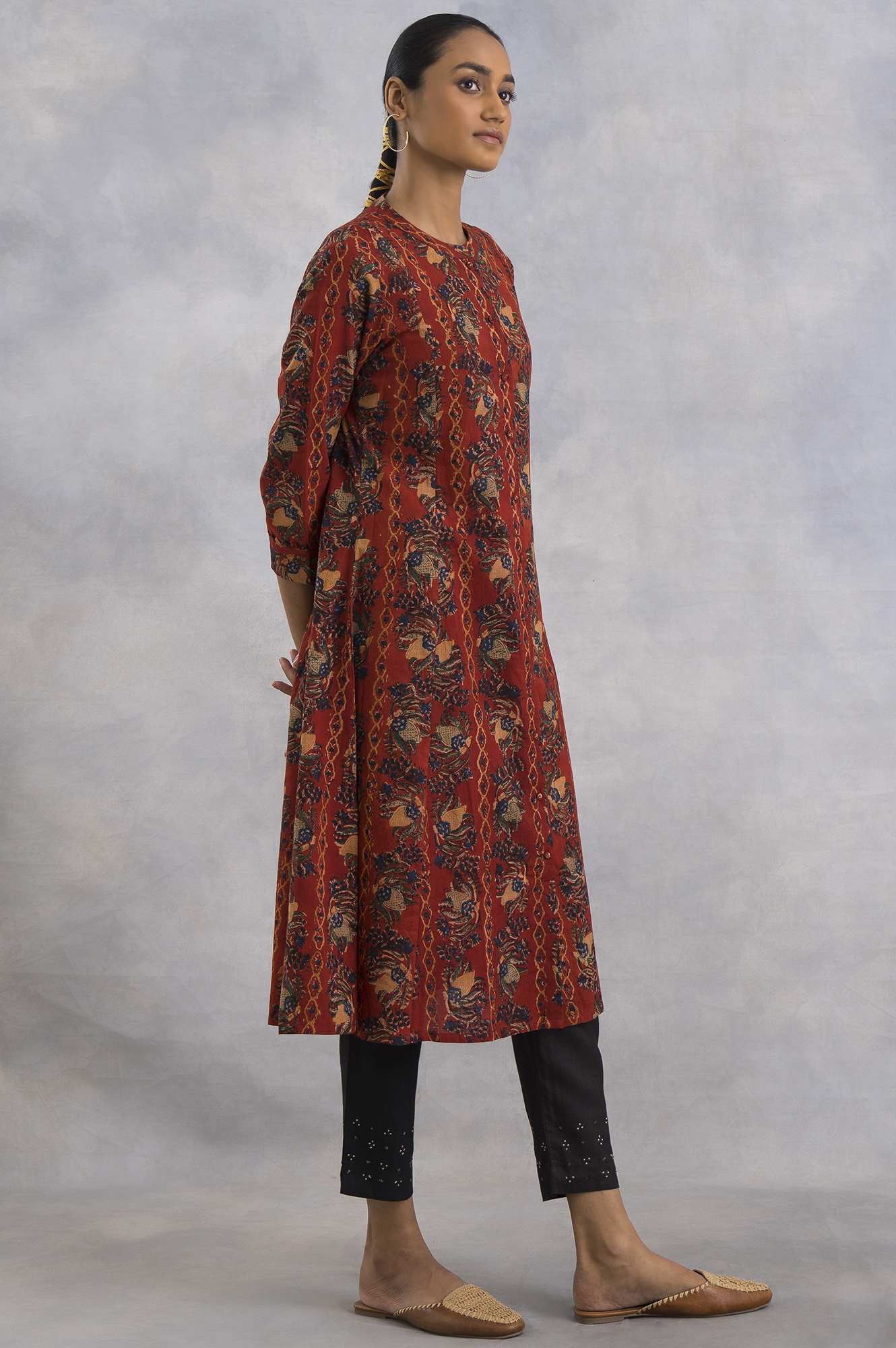 Red Hand Block Printed Cotton Shirtdress