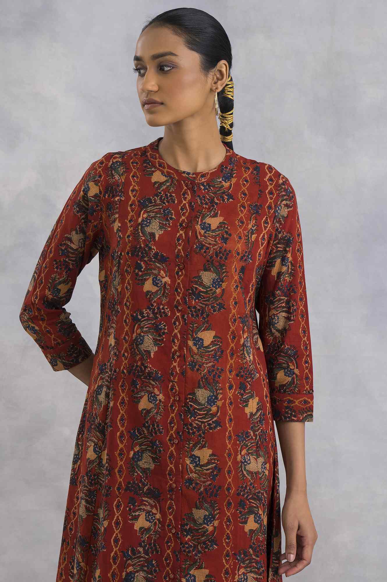 Red Hand Block Printed Cotton Shirtdress