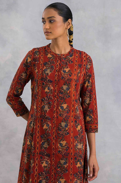 Red Hand Block Printed Cotton Shirtdress