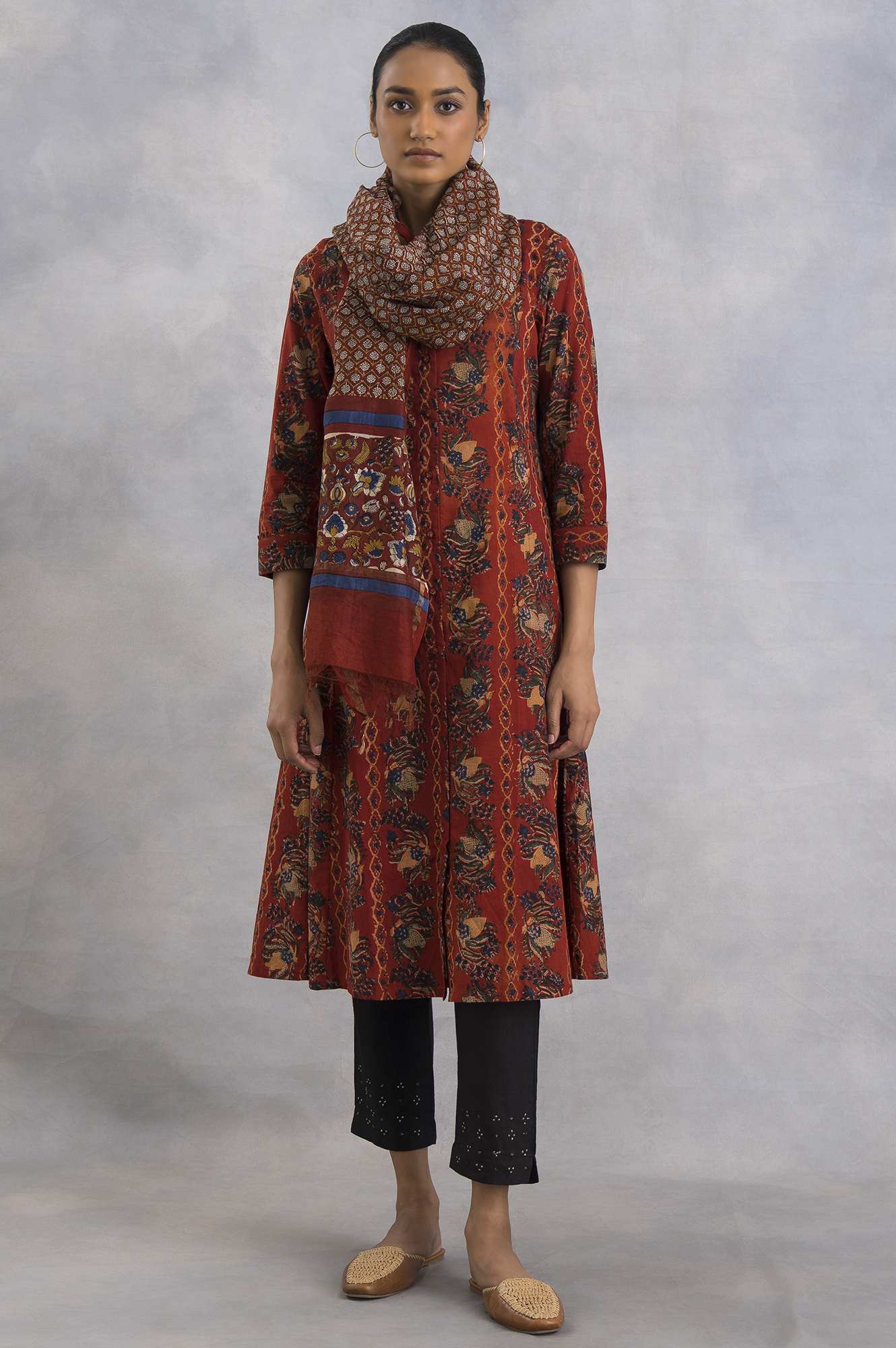 Red Hand Block Printed Cotton Shirtdress