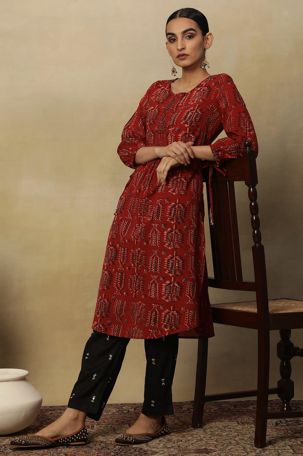 Red Hand Block Printed Slub Kurta