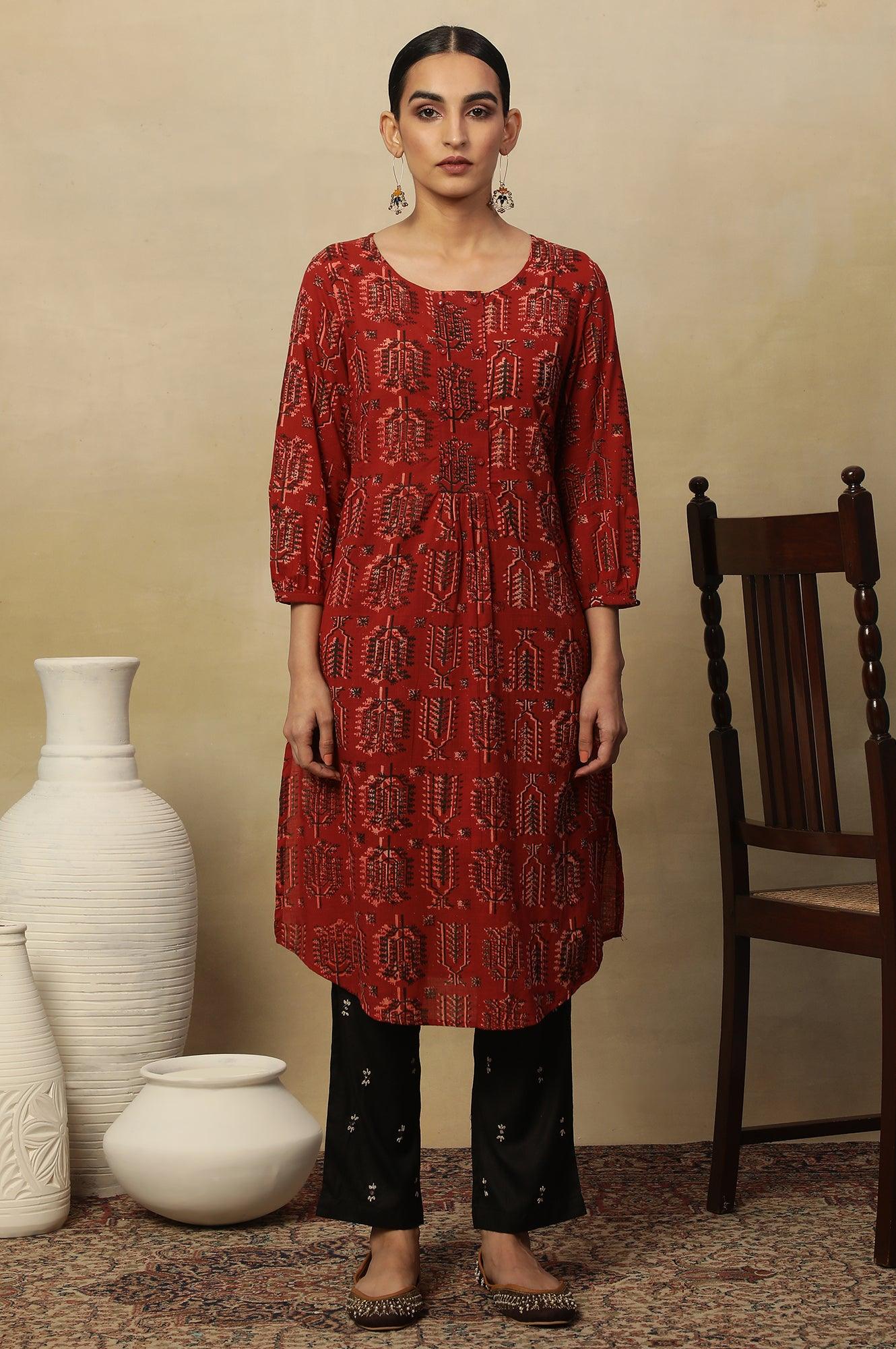 Red Hand Block Printed Slub Kurta - wforwoman