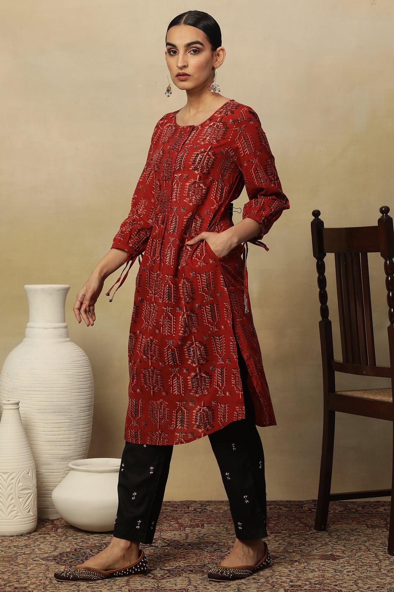 Red Hand Block Printed Slub Kurta - wforwoman