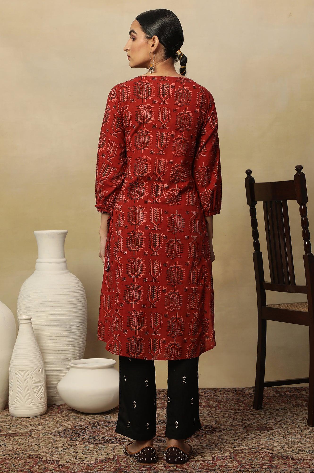 Red Hand Block Printed Slub Kurta - wforwoman