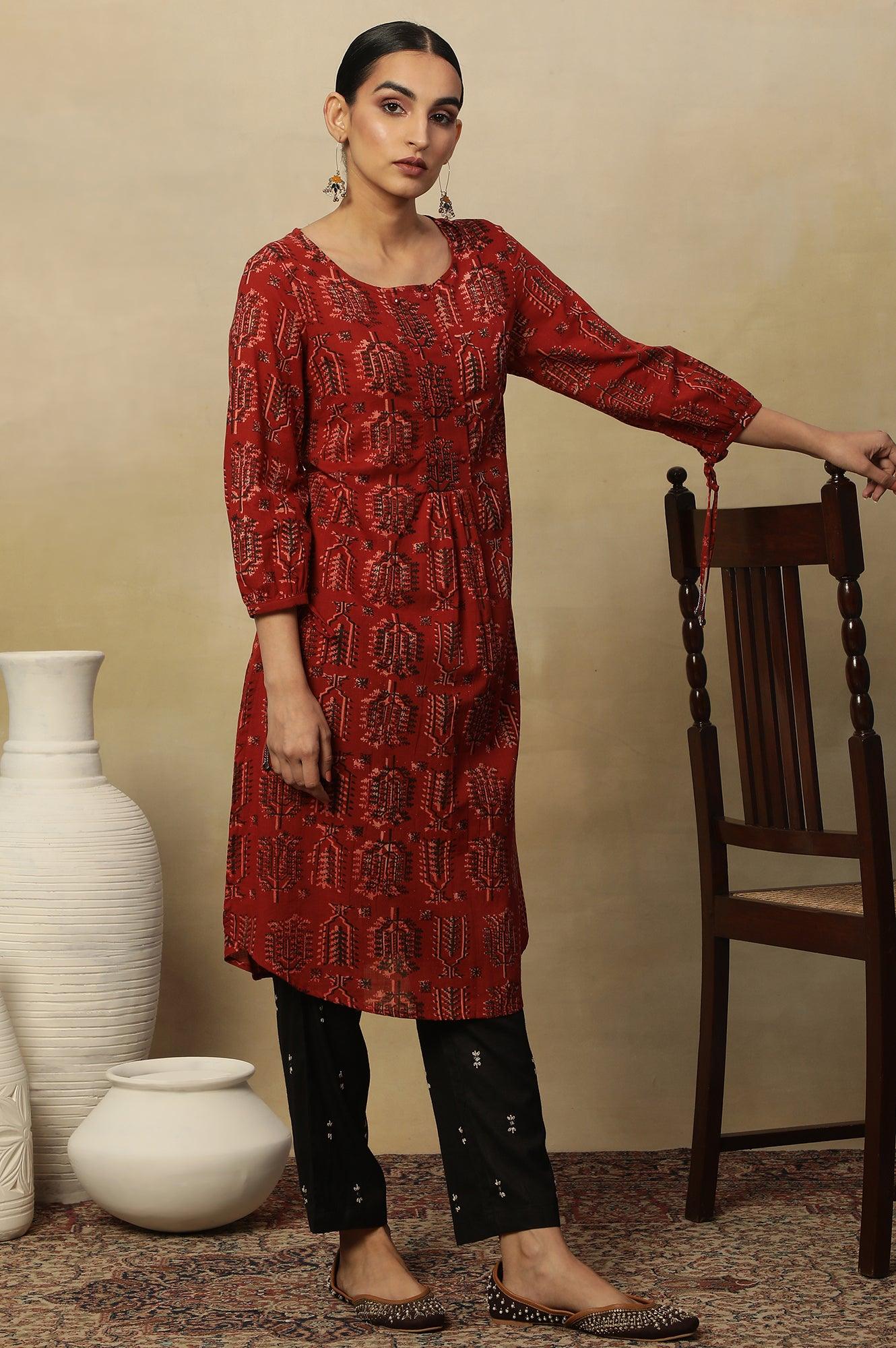 Red Hand Block Printed Slub Kurta - wforwoman