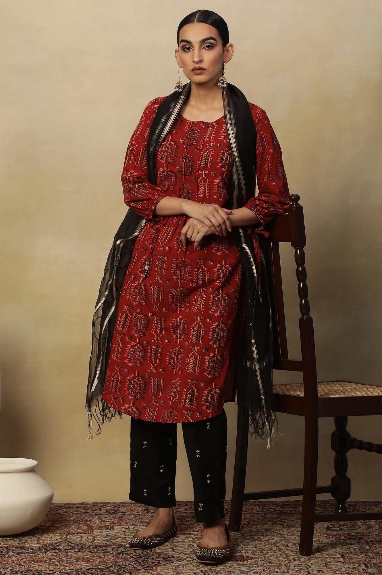 Red Hand Block Printed Slub Kurta - wforwoman