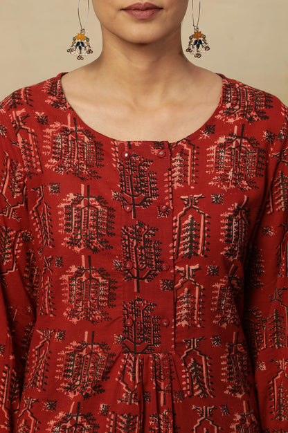 Red Hand Block Printed Slub Kurta - wforwoman