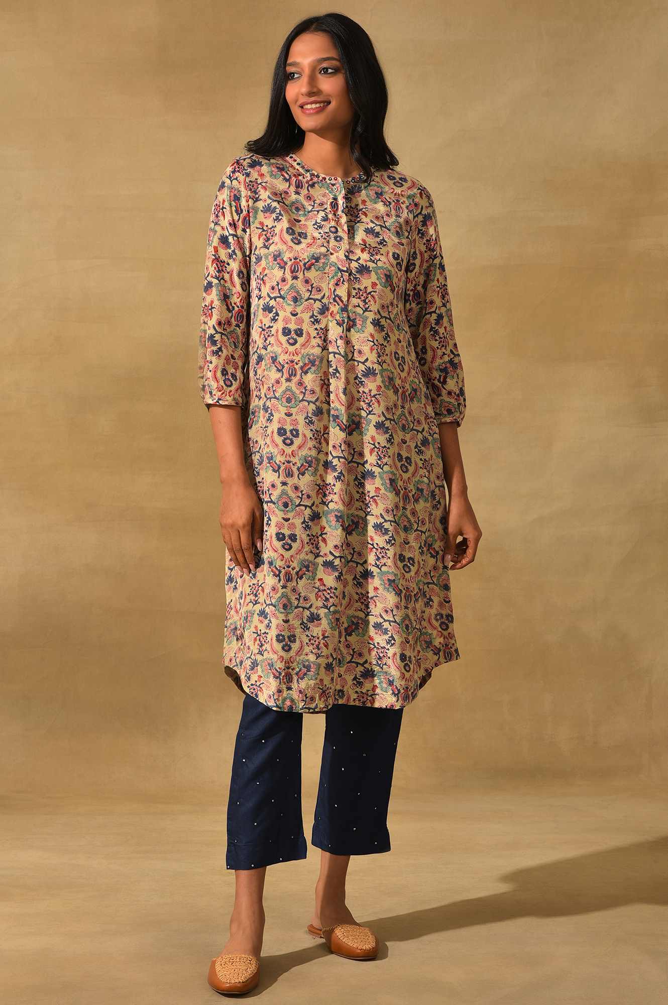 Ecru Hand Block Floral Print Shirtdress