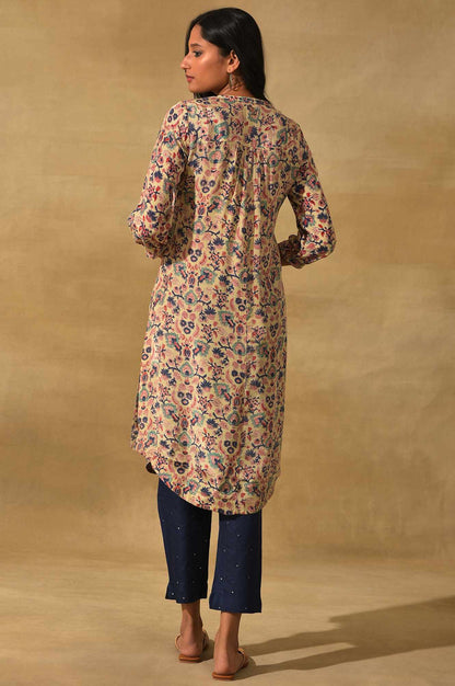 Ecru Hand Block Floral Print Shirtdress