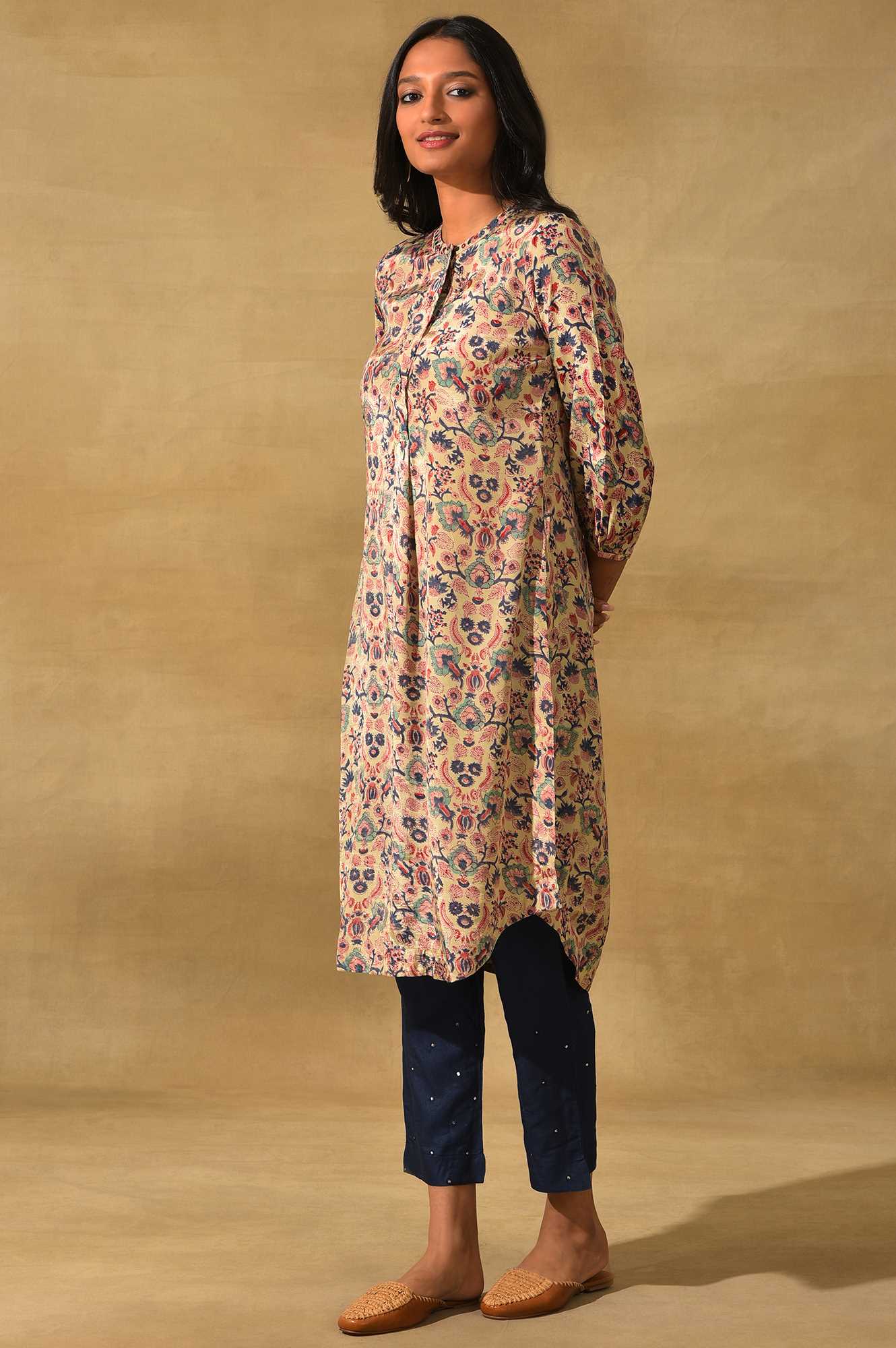 Ecru Hand Block Floral Print Shirtdress