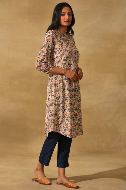 Ecru Hand Block Floral Print Shirtdress