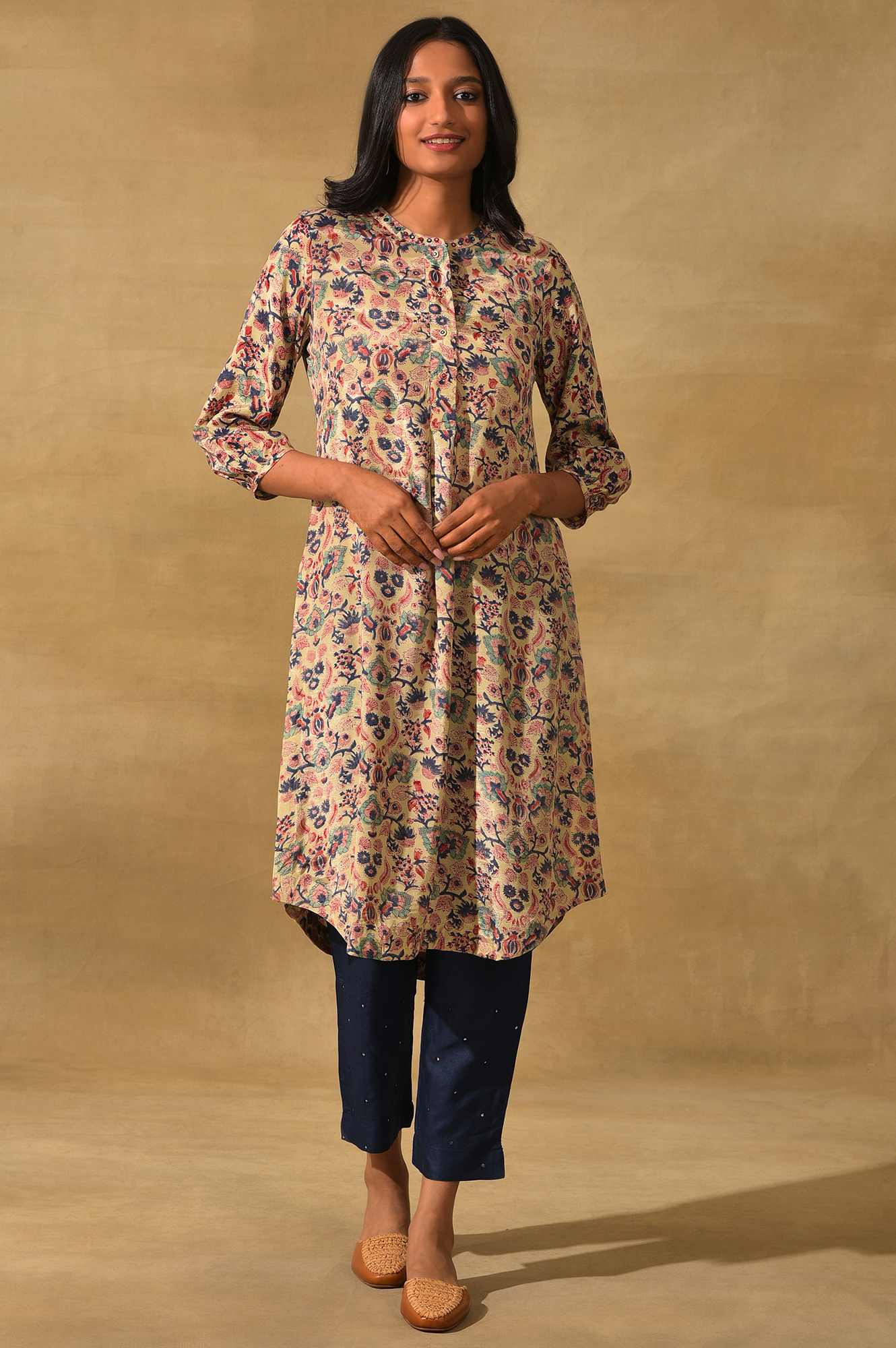 Ecru Hand Block Floral Print Shirtdress