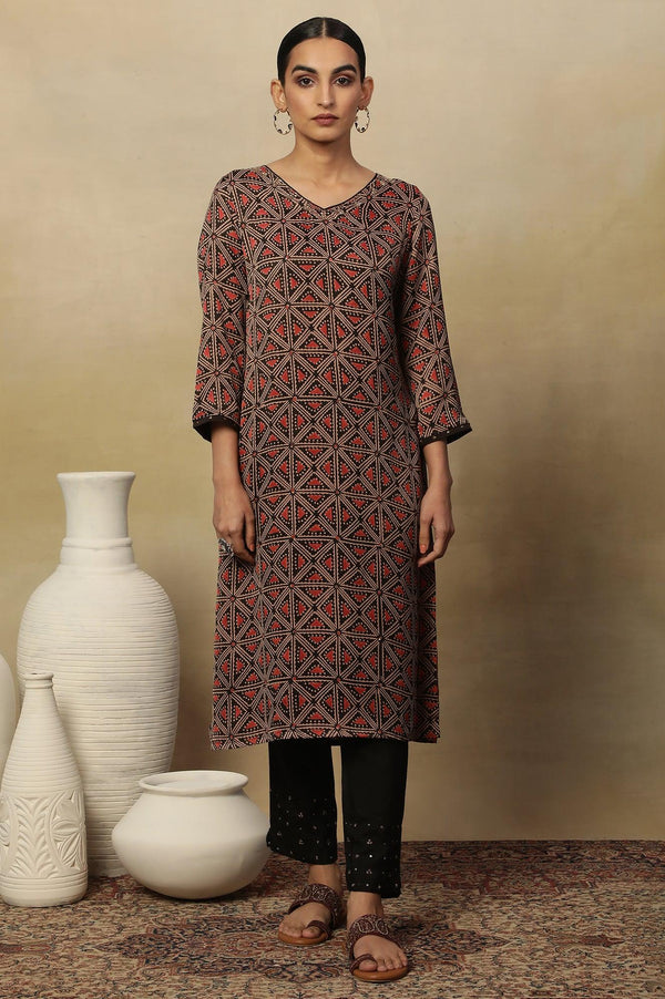 Dark Brown Lustrous Satin Printed Kurta