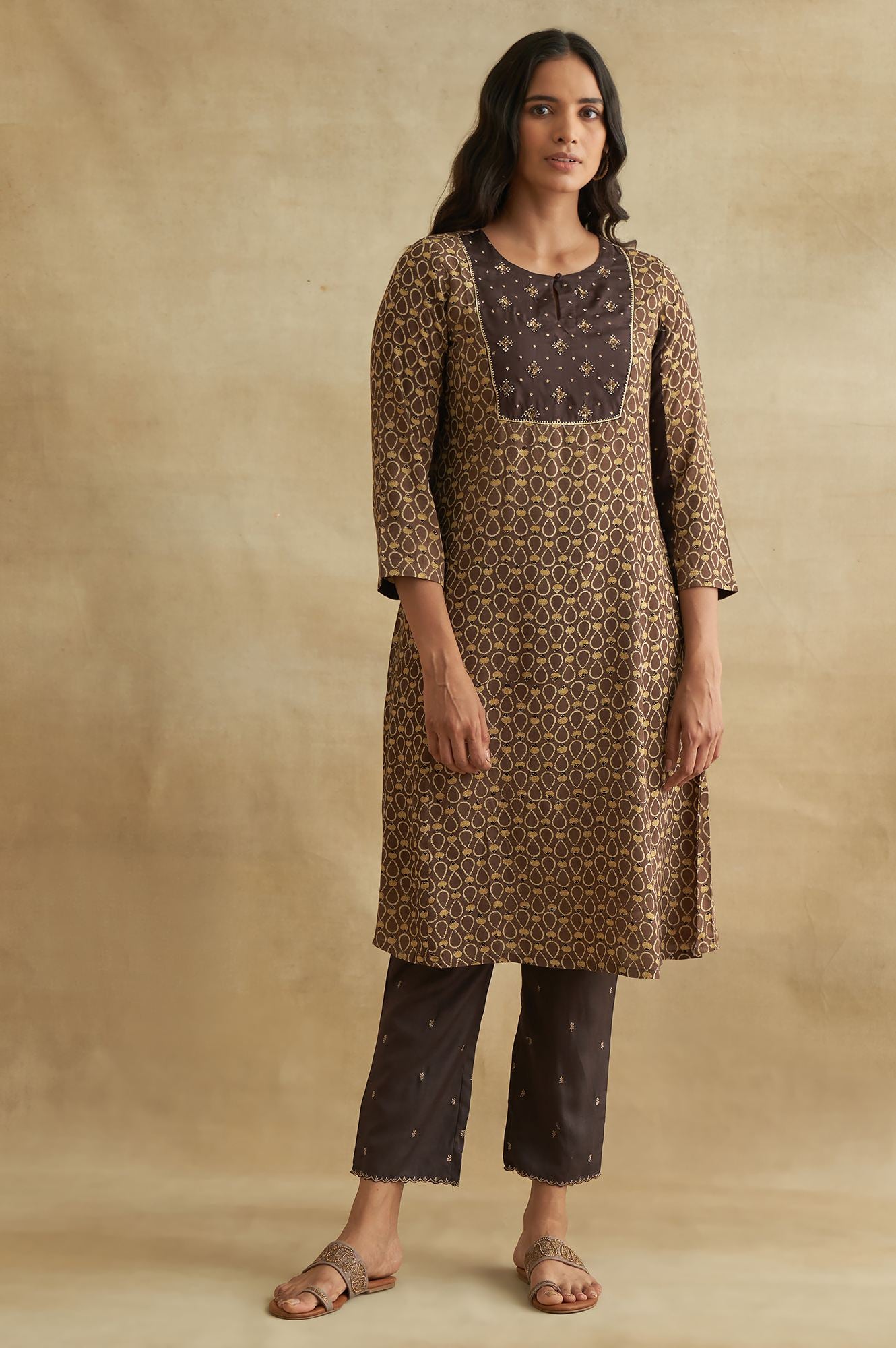 Brown Ajrakh Print kurta With Embroidery