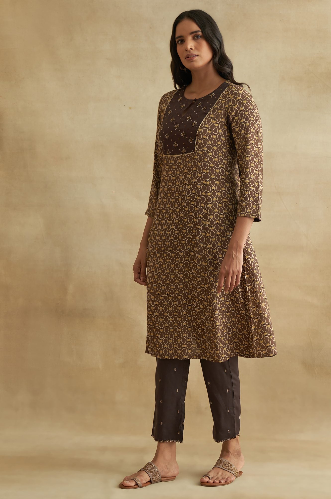 Brown Ajrakh Print kurta With Embroidery