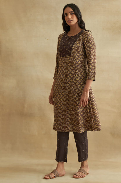 Brown Ajrakh Print kurta With Embroidery