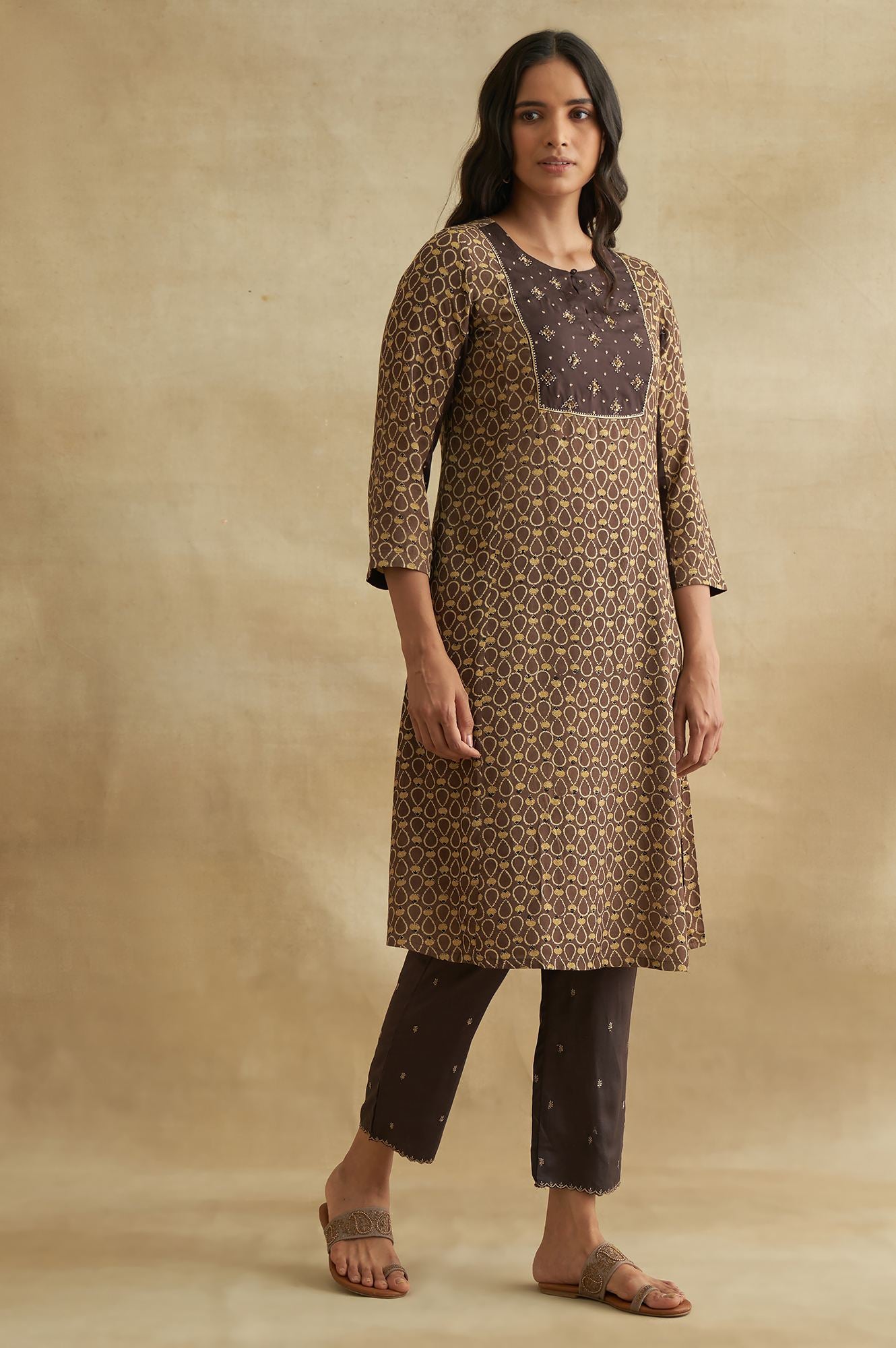 Brown Ajrakh Print kurta With Embroidery