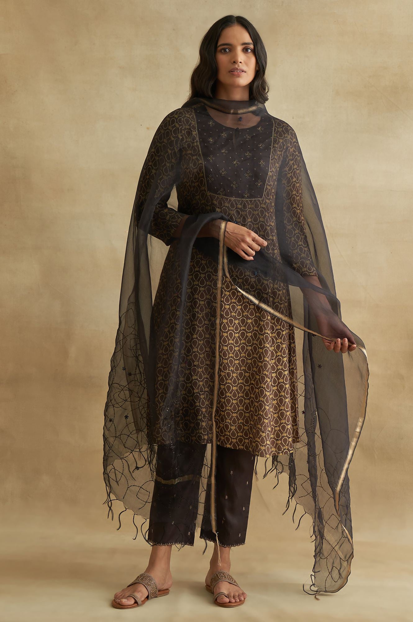 Brown Ajrakh Print kurta With Embroidery