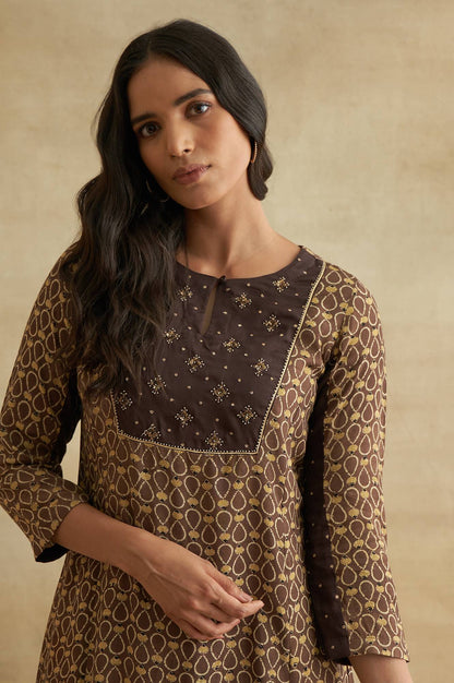 Brown Ajrakh Print kurta With Embroidery