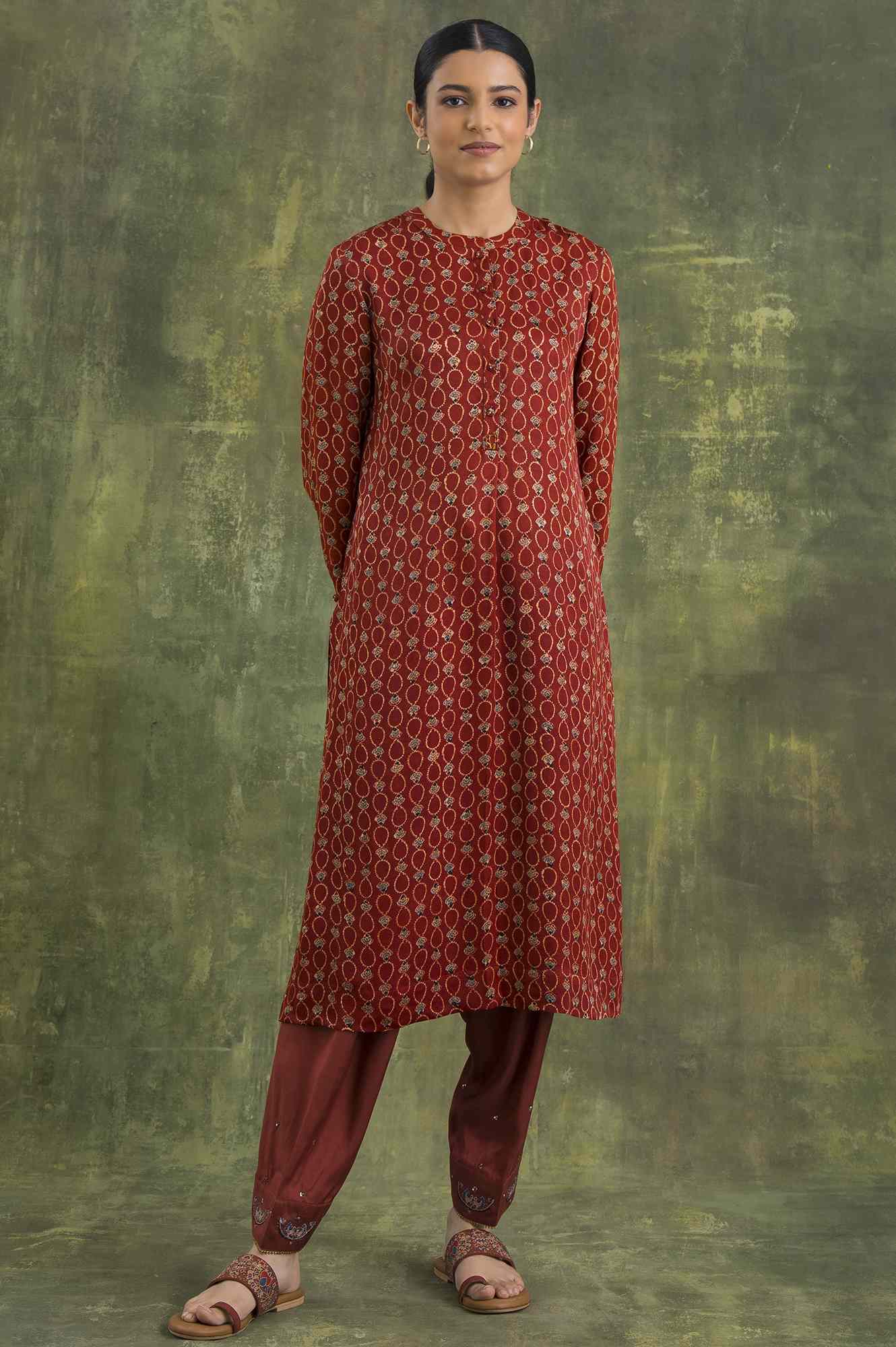 Brown Shirtdress In Ajrakh Print