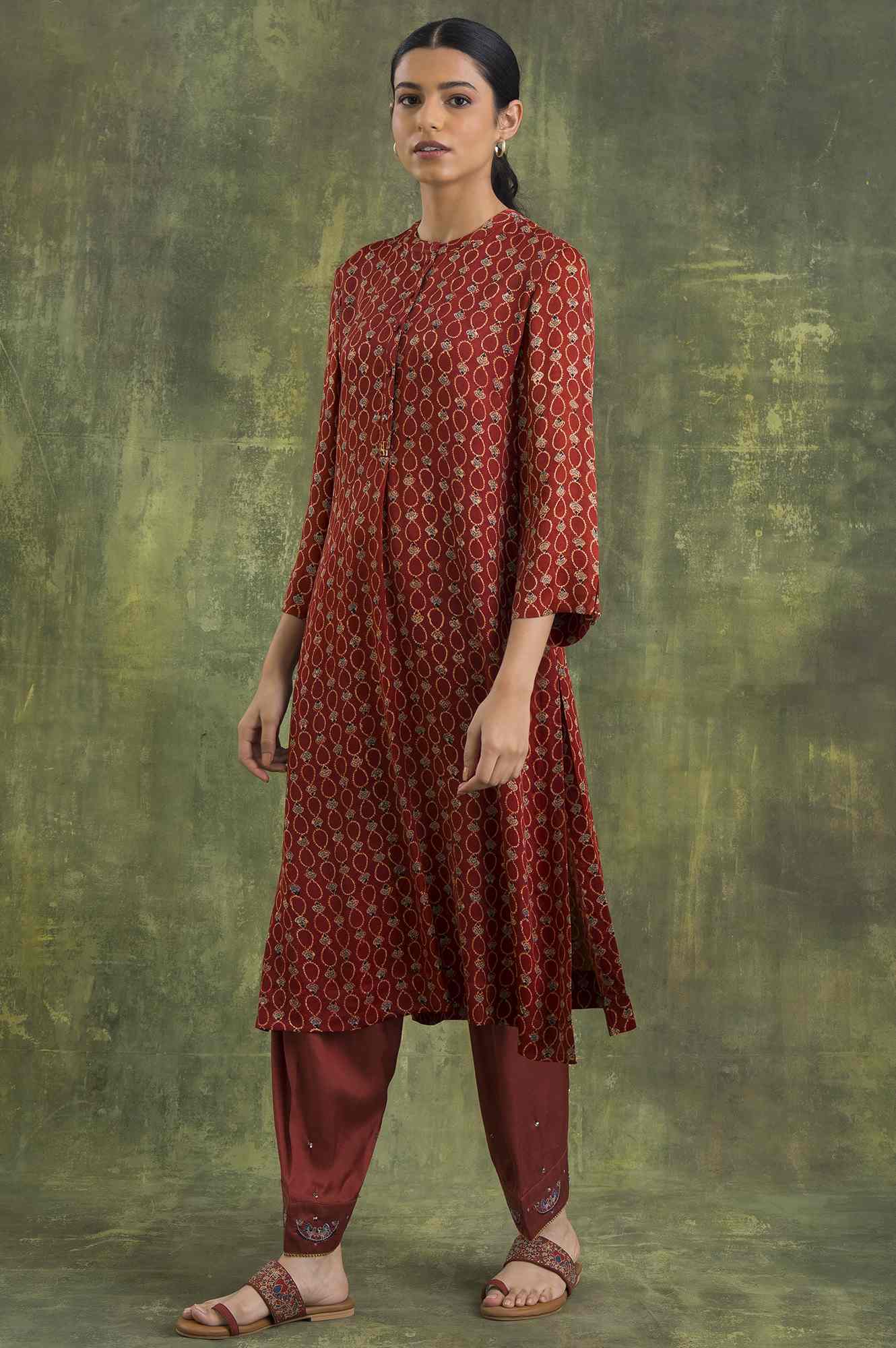 Brown Shirtdress In Ajrakh Print