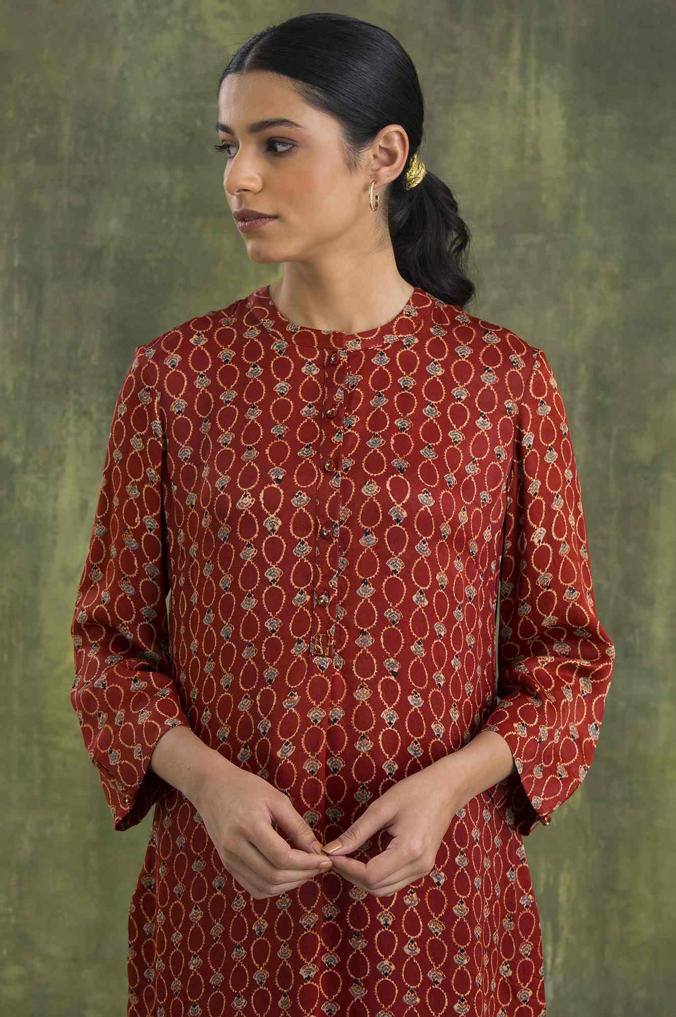 Brown Shirtdress In Ajrakh Print