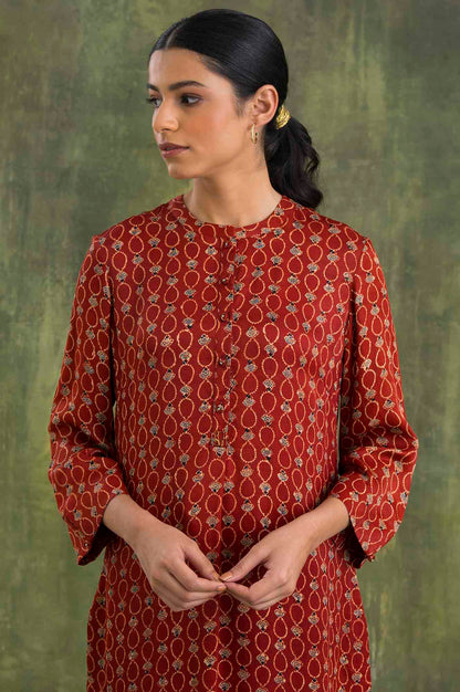 Brown Shirtdress In Ajrakh Print