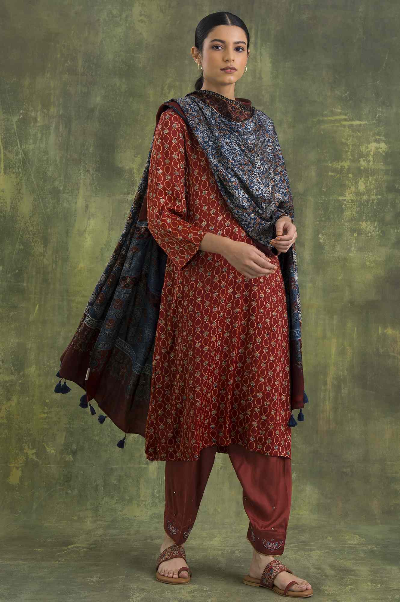 Brown Shirtdress In Ajrakh Print