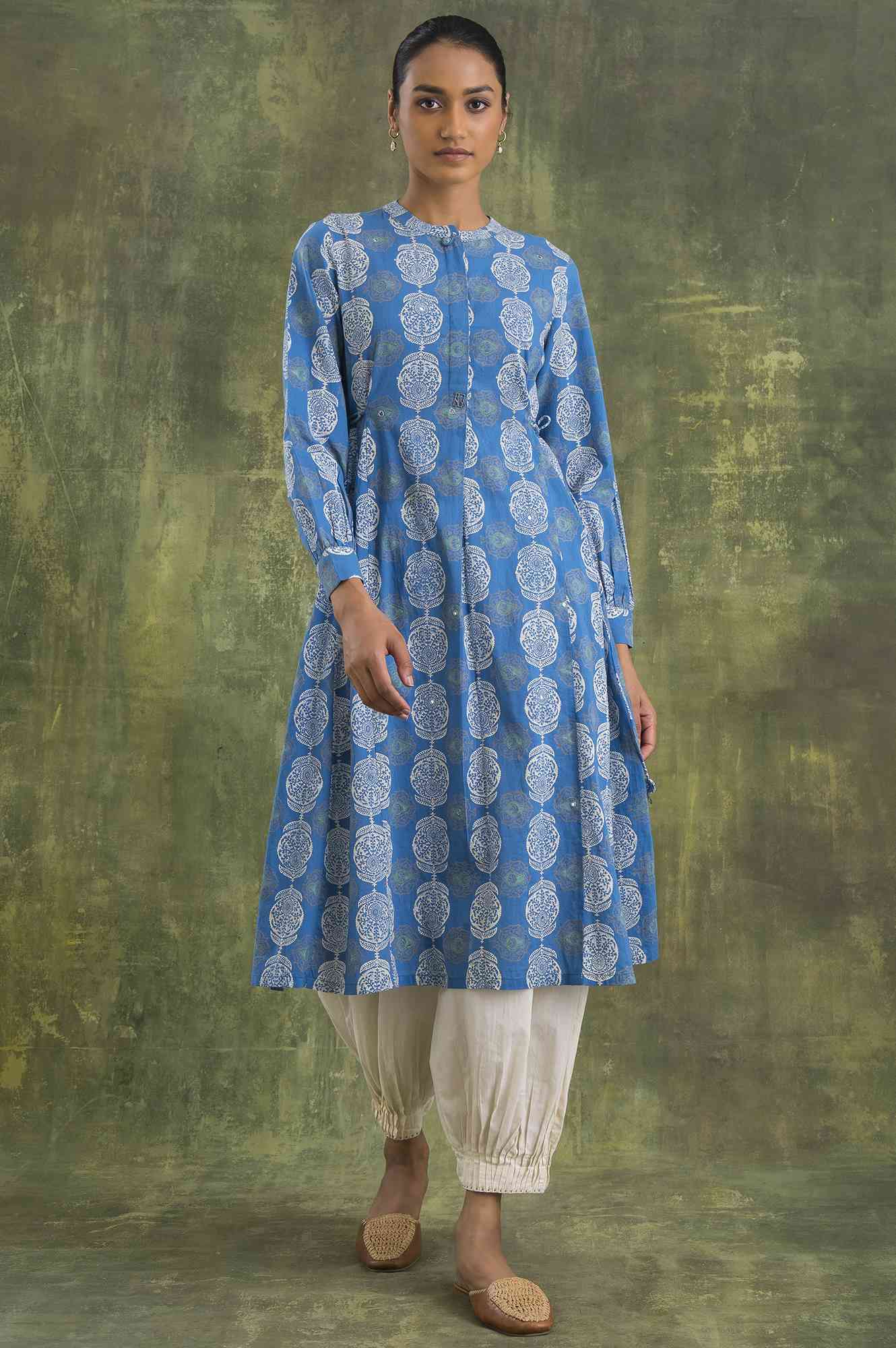 Blue Block Printed Flared kurta