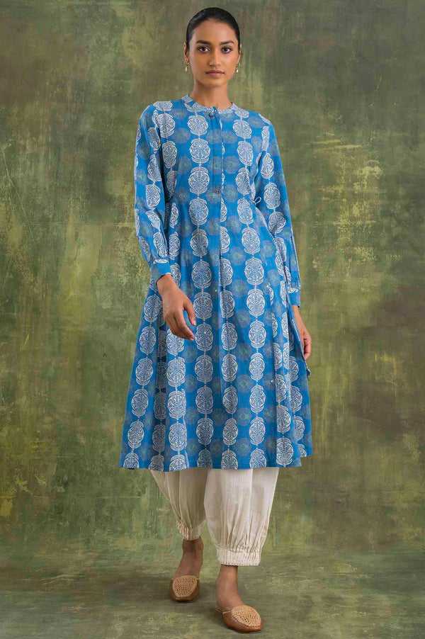 Blue Block Printed Flared kurta