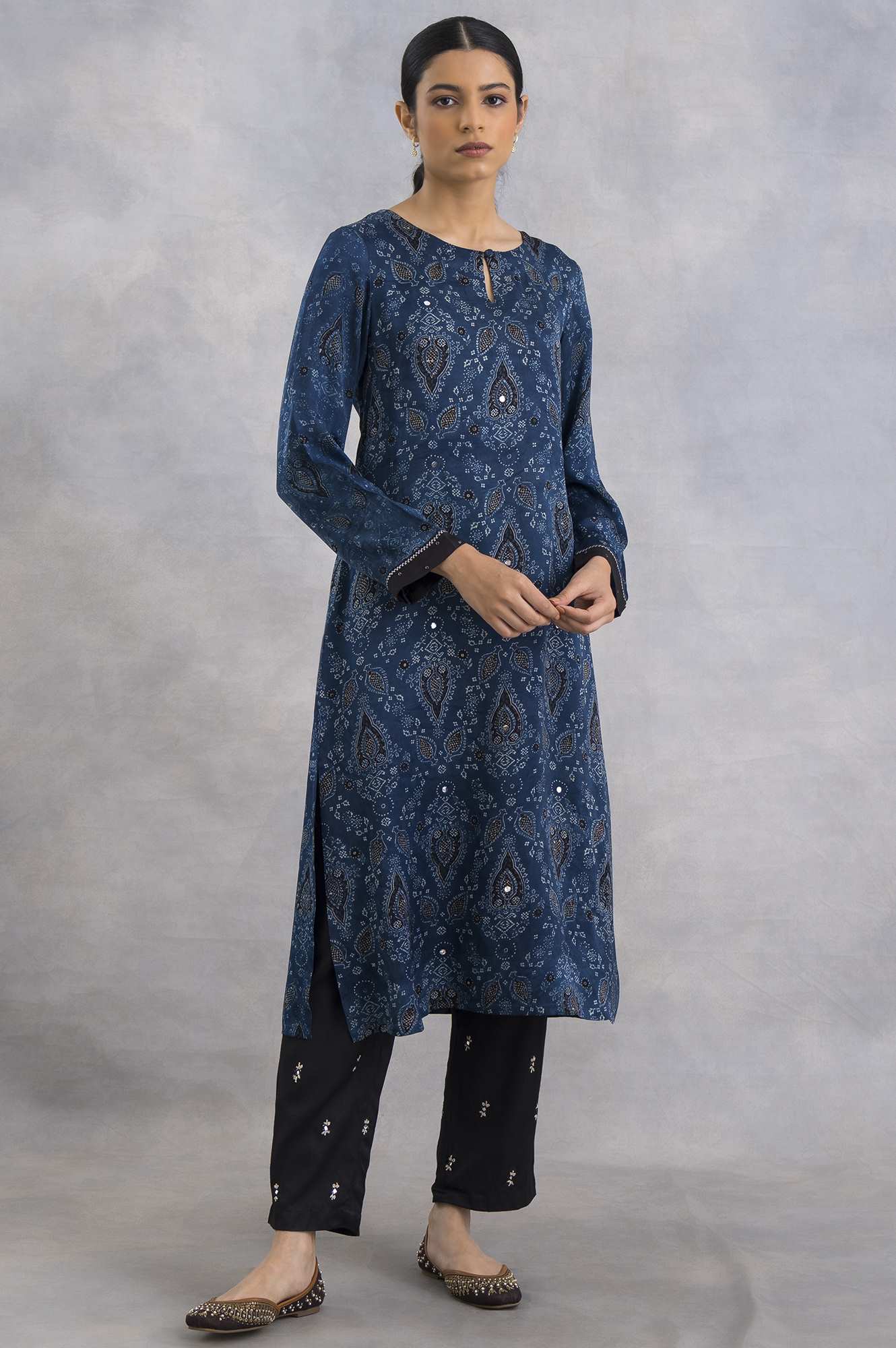 Indigo Ajrakh Print kurta In Lustrous Satin