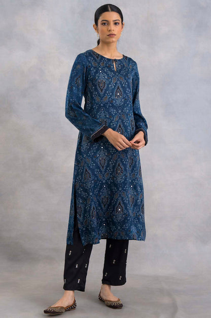 Indigo Ajrakh Print kurta In Lustrous Satin