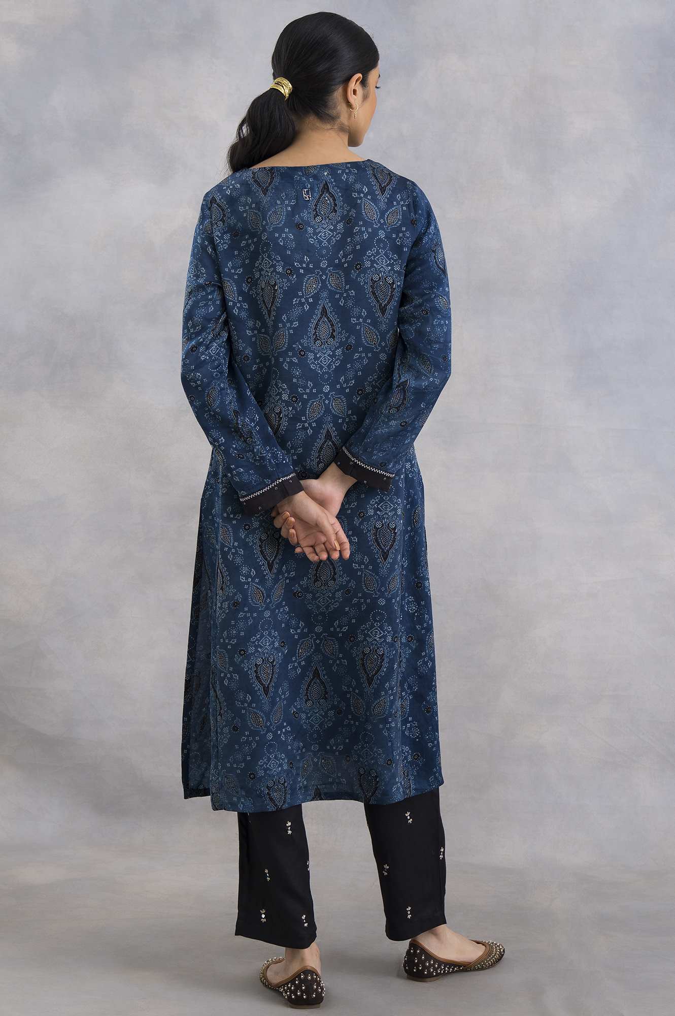 Indigo Ajrakh Print kurta In Lustrous Satin