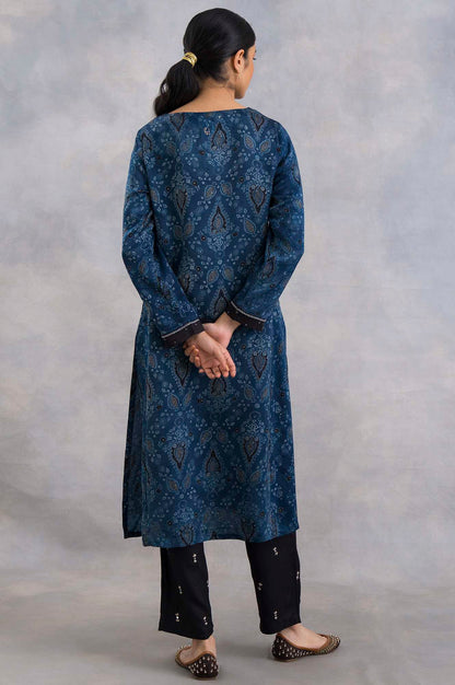 Indigo Ajrakh Print kurta In Lustrous Satin