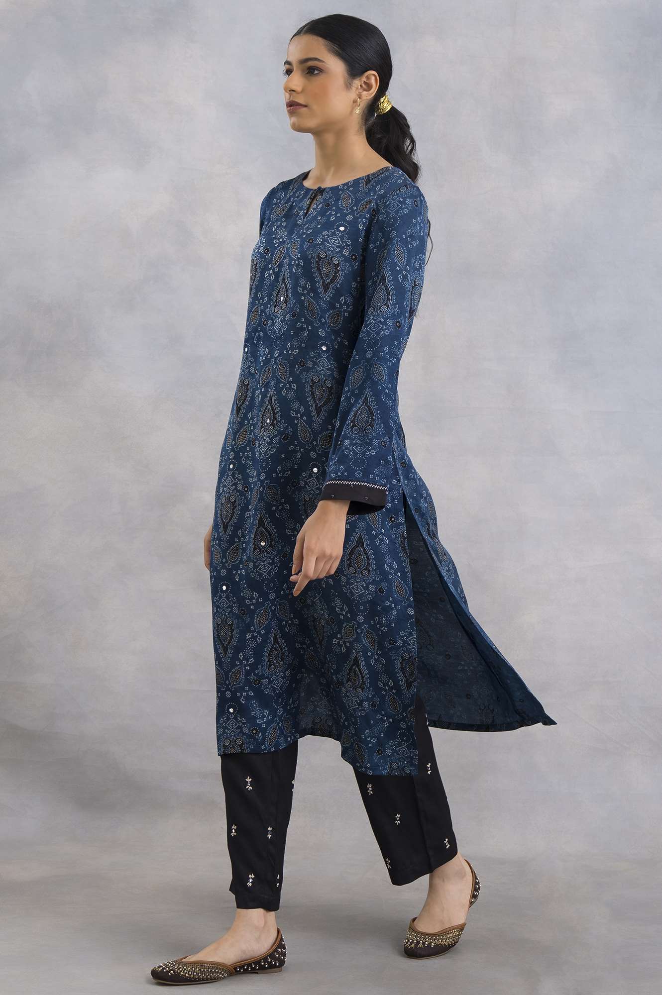 Indigo Ajrakh Print kurta In Lustrous Satin