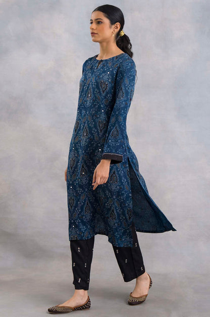 Indigo Ajrakh Print kurta In Lustrous Satin