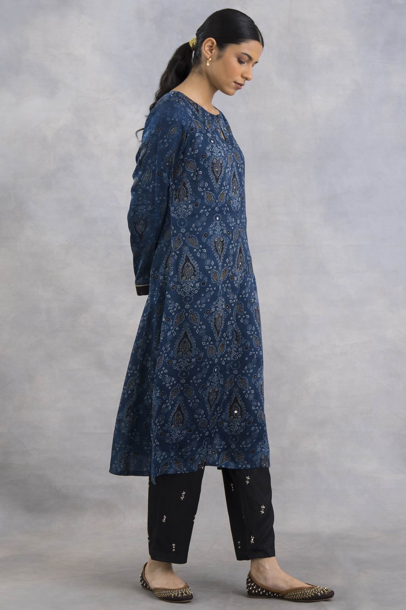 Indigo Ajrakh Print kurta In Lustrous Satin