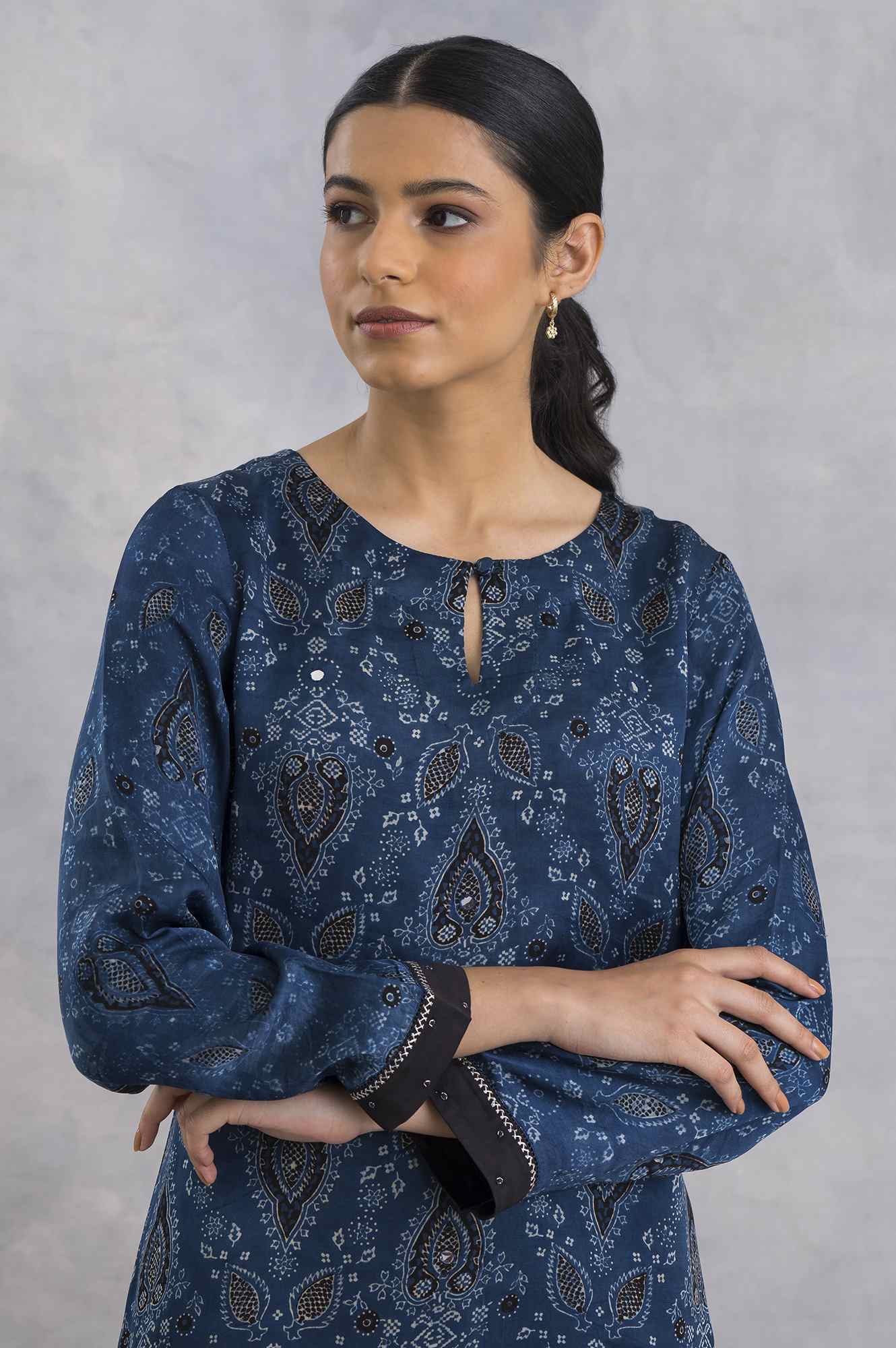 Indigo Ajrakh Print kurta In Lustrous Satin