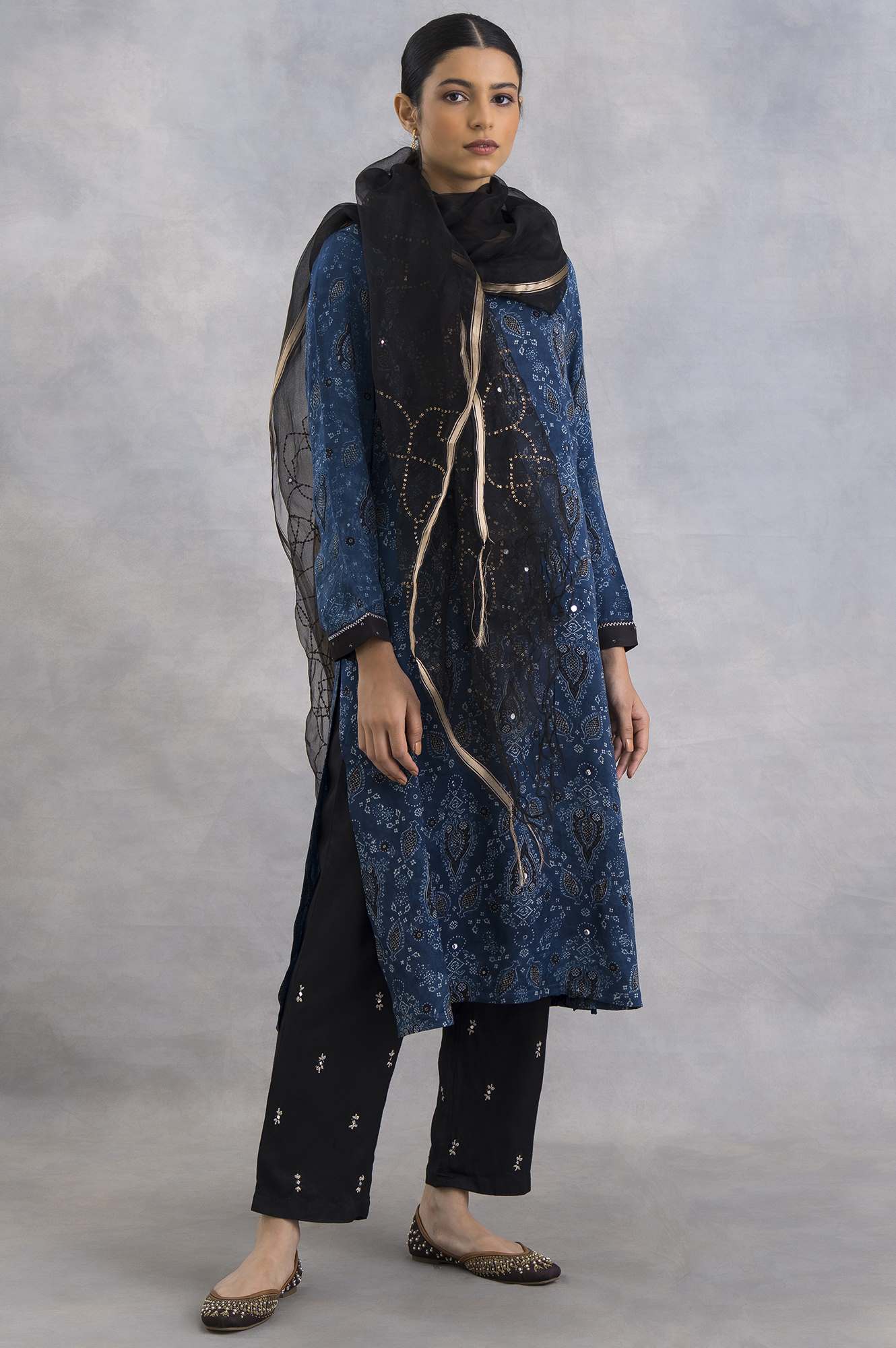 Indigo Ajrakh Print kurta In Lustrous Satin