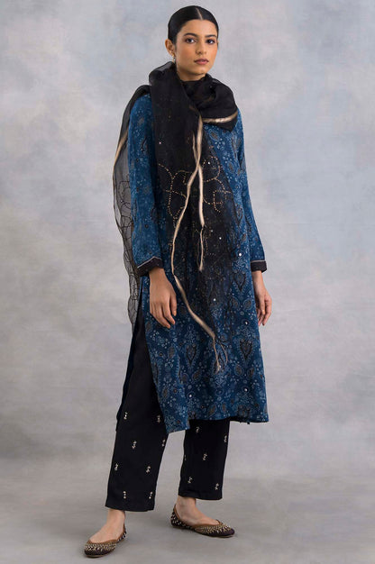 Indigo Ajrakh Print kurta In Lustrous Satin