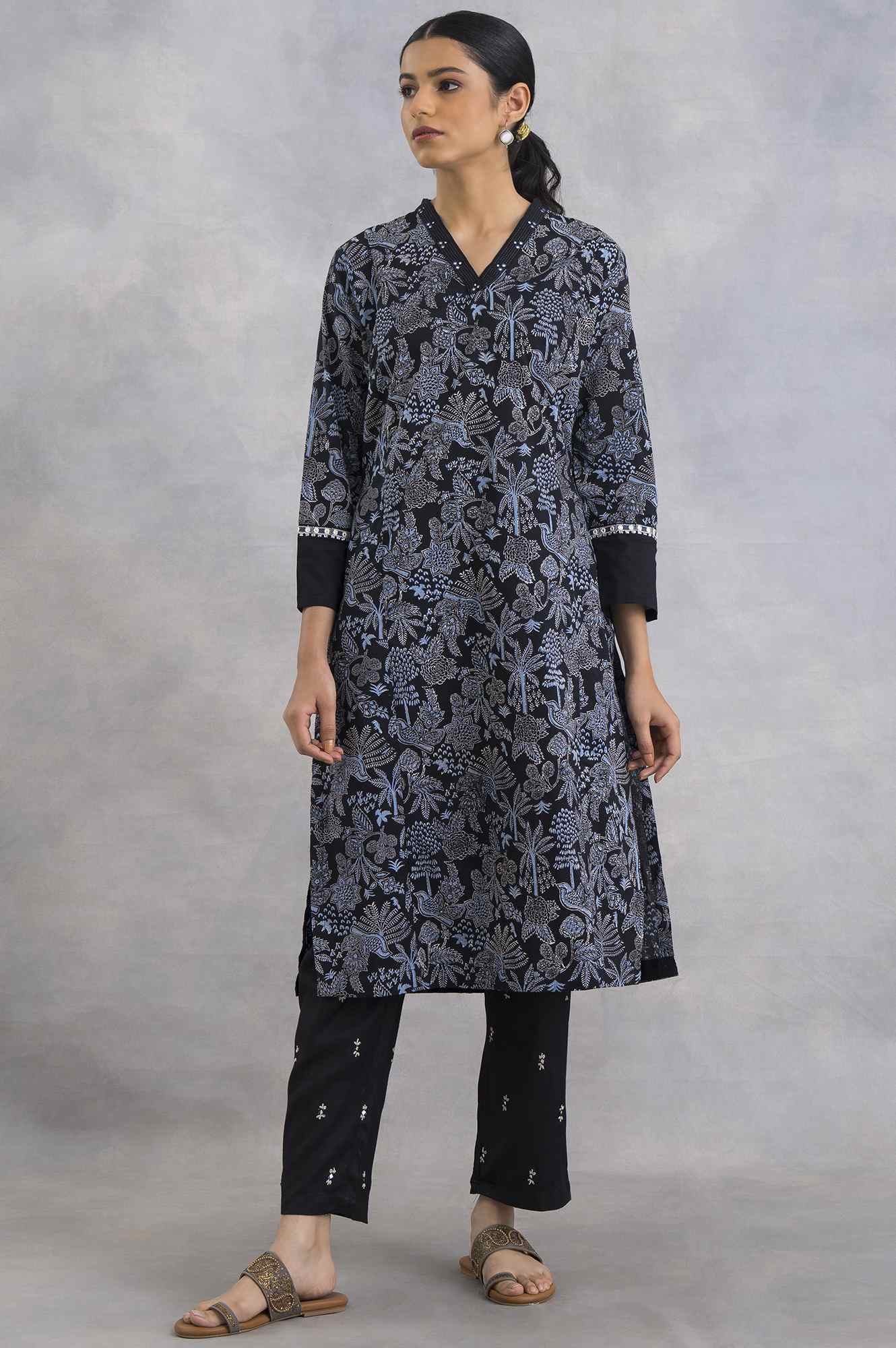 Black Hand Block Printed V-Neck kurta