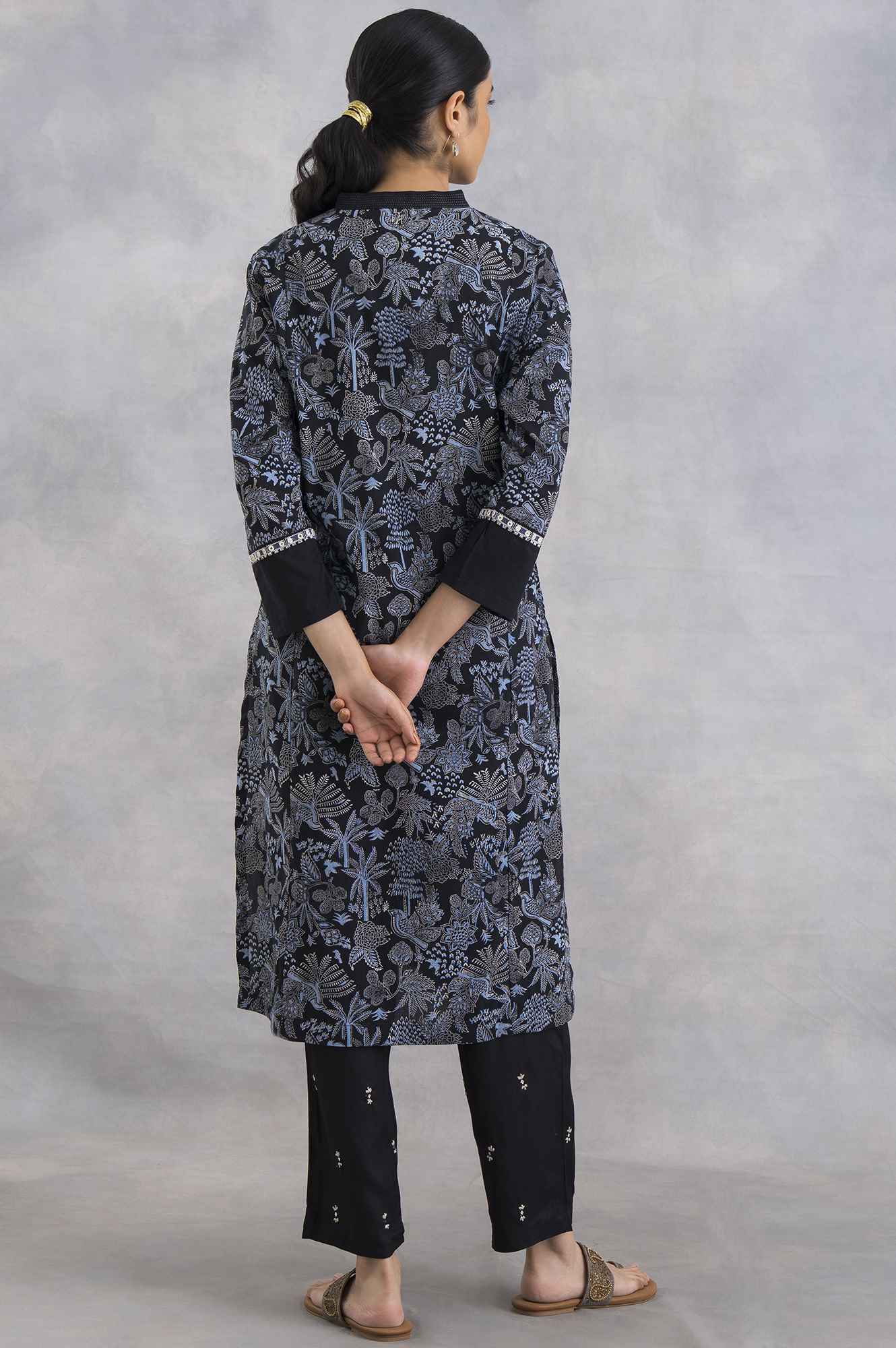 Black Hand Block Printed V-Neck kurta